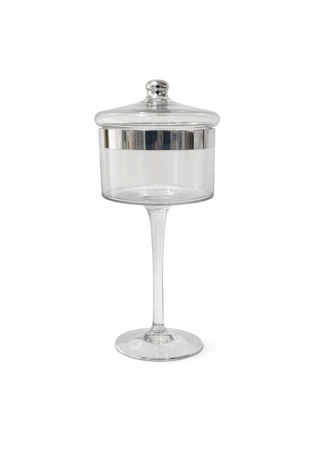 Elegant glass candy jar with silver accents
