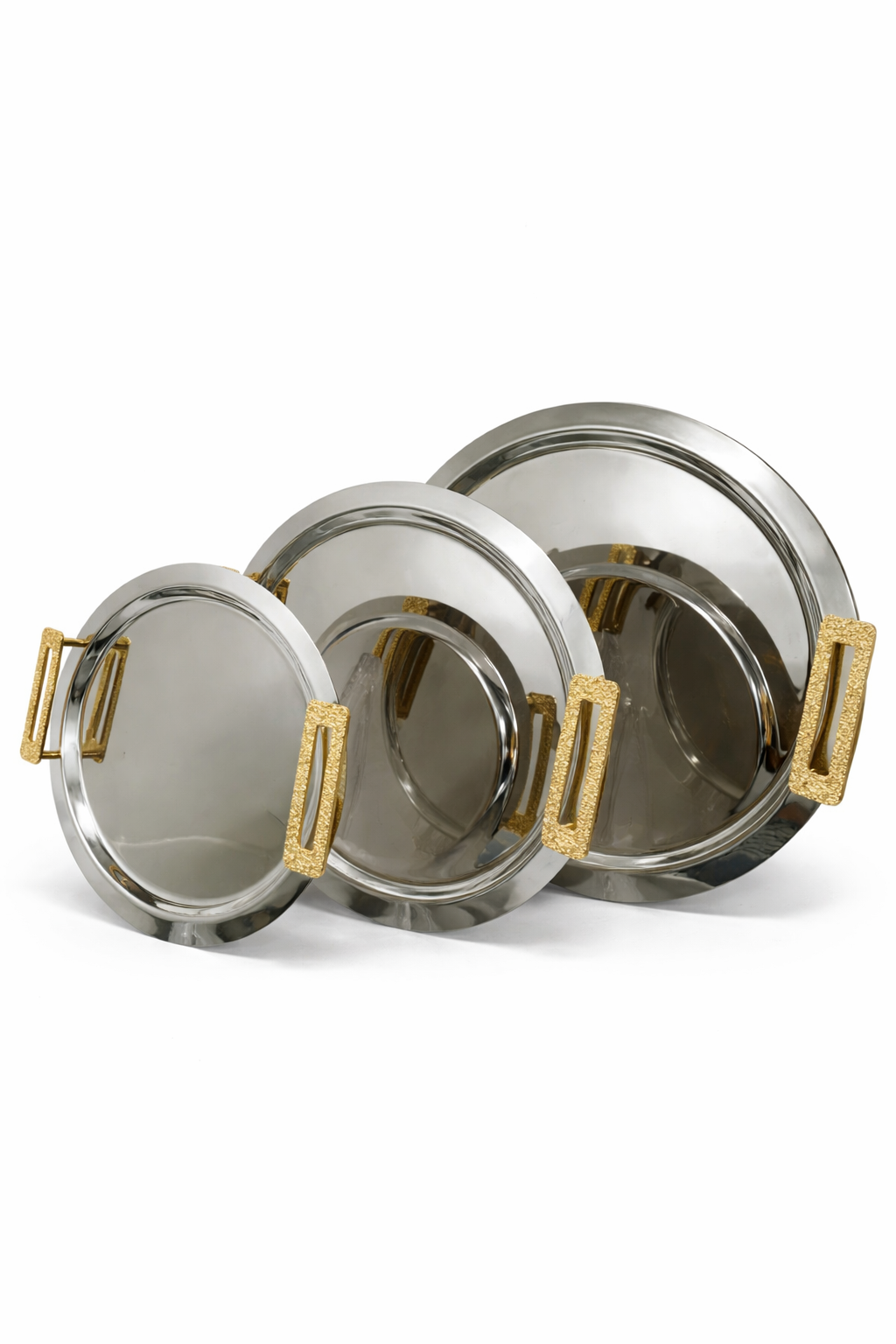 Stainless steel Round Tray 3pcs set with golden handle