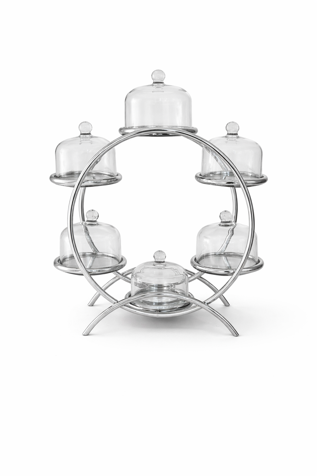Silver-tone display stand with cloches