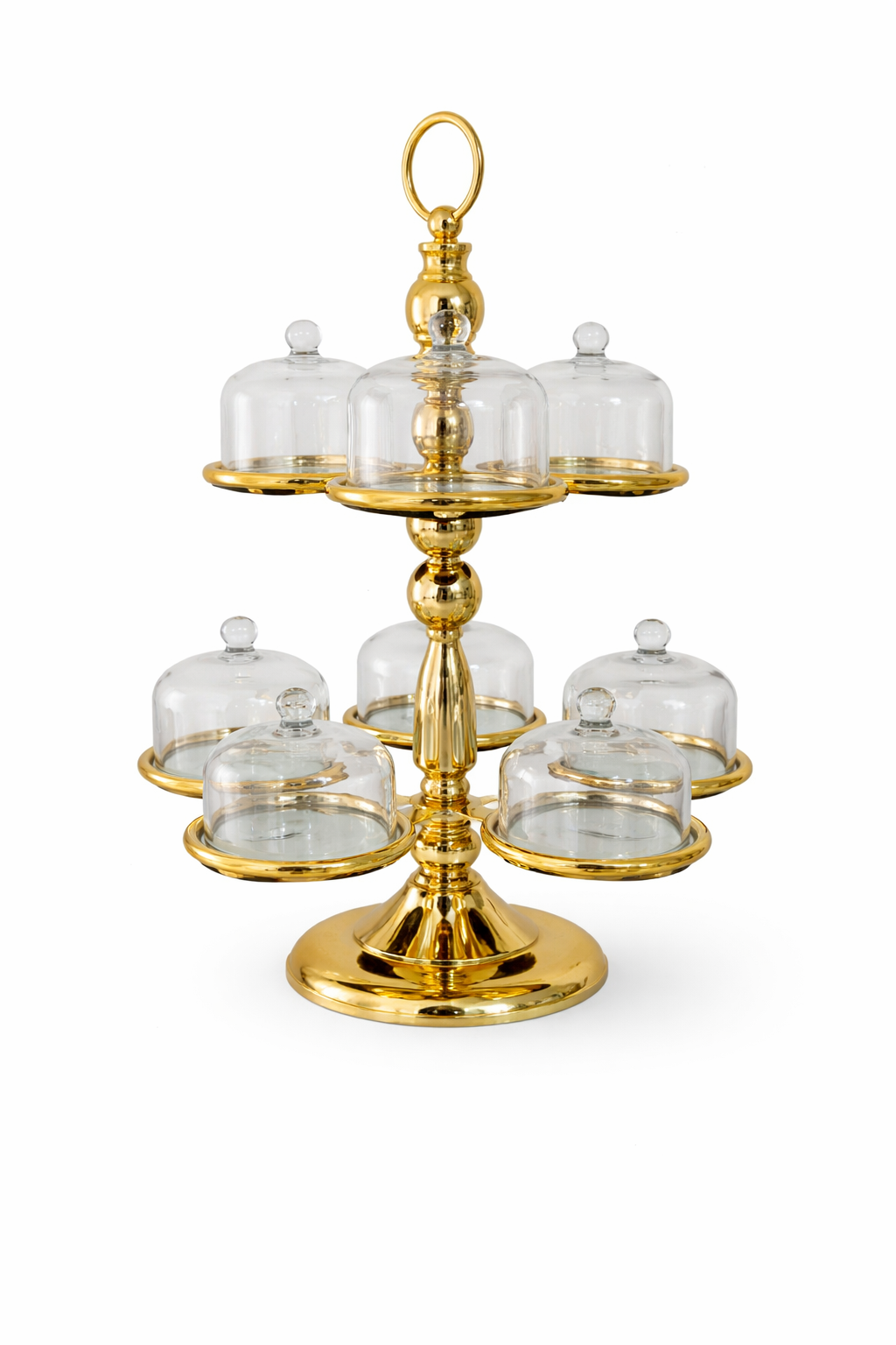Elegant gold -tiered serving stand with domes