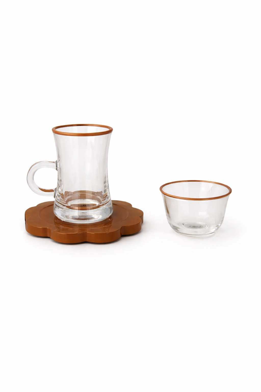 Glass mug and bowl with amber coaster