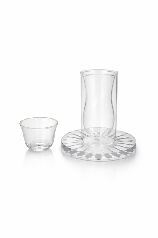 طقم من 18 قطعة من الزجاج الشفاف وأكواب وأطباق فضية اللون مزينة بأوراق الشجر