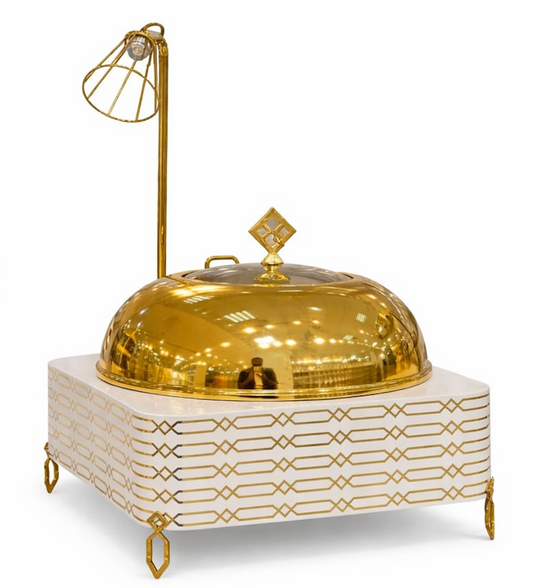Luxury Gold Chafing Dish with Heat Lamp & Ceramic Base – Premium Buffet Food Warmer