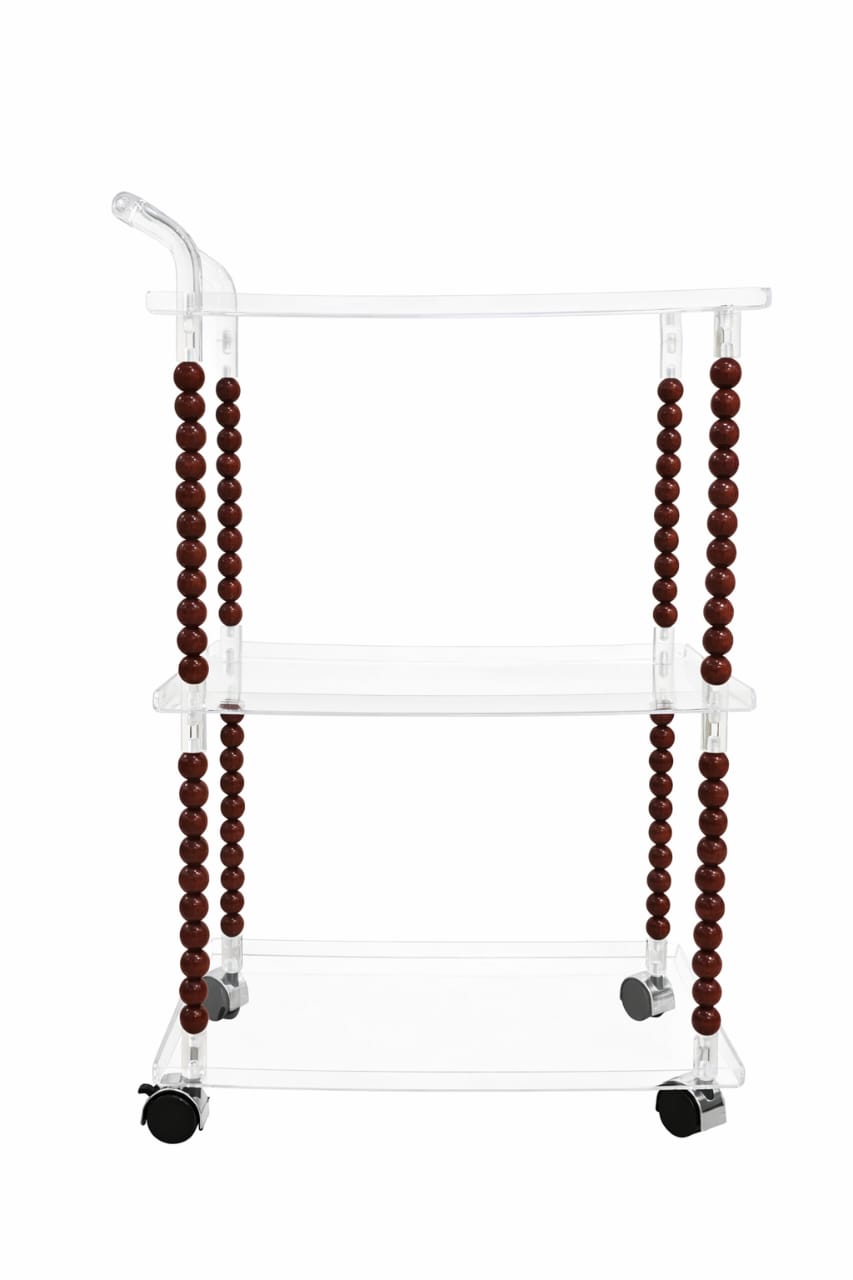Clear Acrylic Rolling Cart with Wooden Bead Columns – Modern Natural Serving Trolley