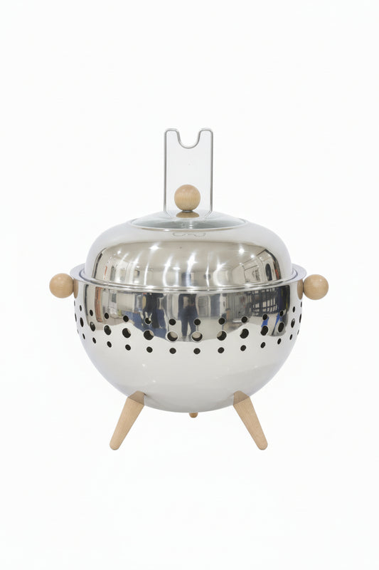 Silver stainless steel chafing dish on wooden stand with glass top 6.5-Liter
